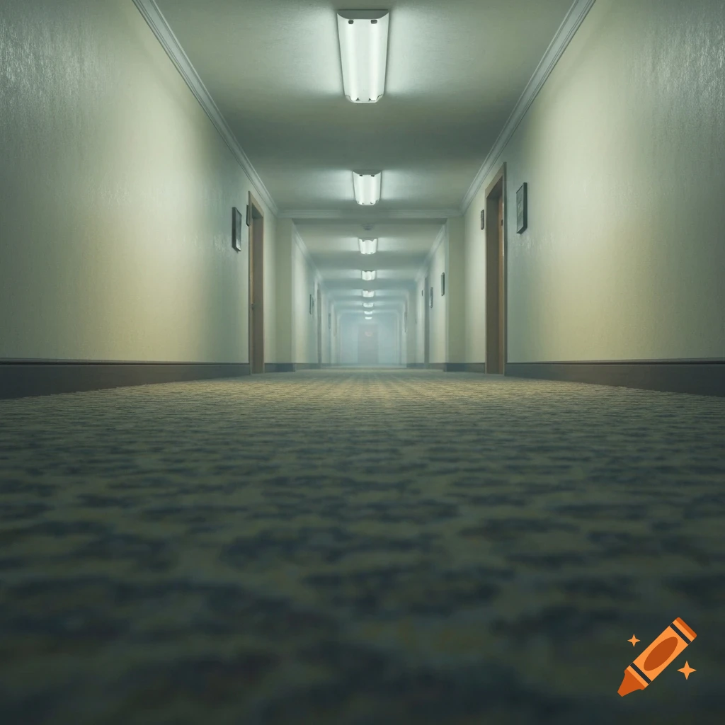 A long, empty, brightly lit hotel hallway with patterned carpet, receding into a hazy distance.