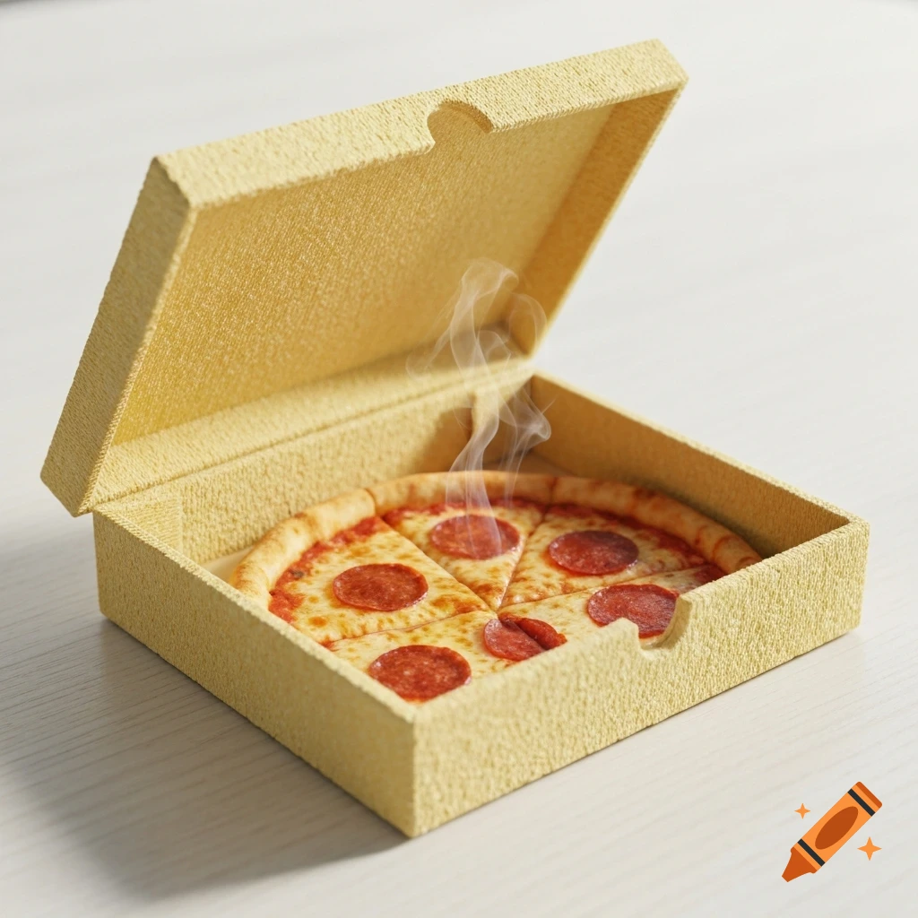 A hot, steaming pepperoni pizza with several slices missing, sits inside an open, textured yellow pizza box on a white table.