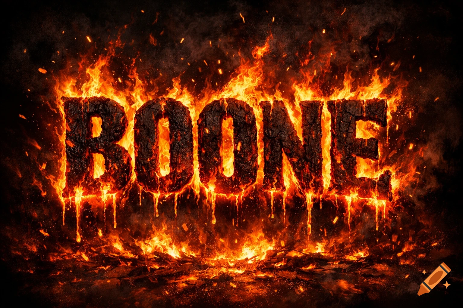 The word 'BOONE' rendered in a fiery, burning texture with flames engulfing the letters against a dark background.