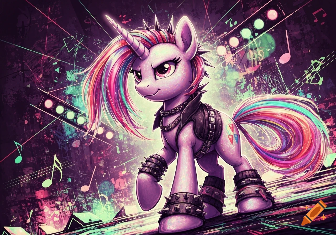 A stylized cartoon unicorn with a rainbow mane and tail, wearing a spiked leather jacket and boots, in a vibrant neon-lit, music-themed scene.