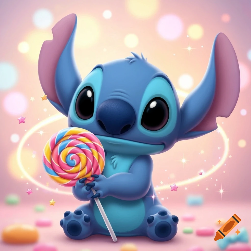 Cute blue alien Stitch sits holding a colorful swirly lollipop on a pink sparkly background.