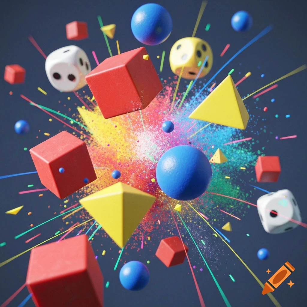 Colorful geometric shapes including cubes, spheres, and pyramids exploding with paint splatters and light streaks on a dark background.