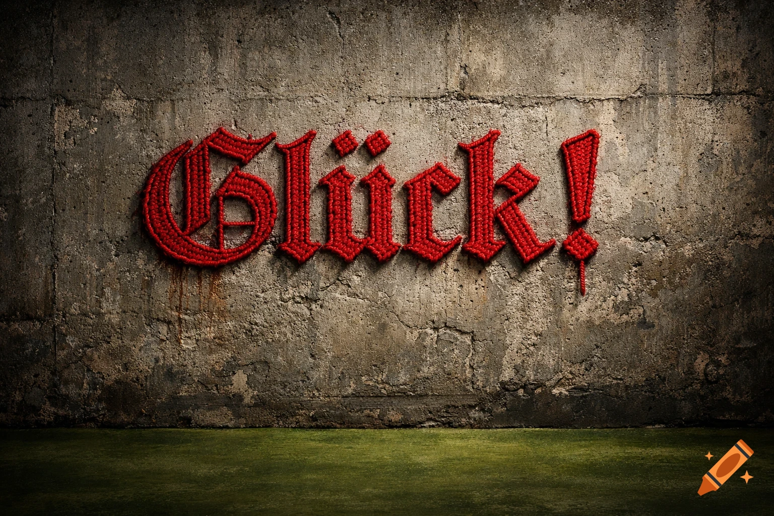 Red rope letters spelling 'Gl ck!' in Fraktur font stitched onto a textured concrete wall, with a green floor below.