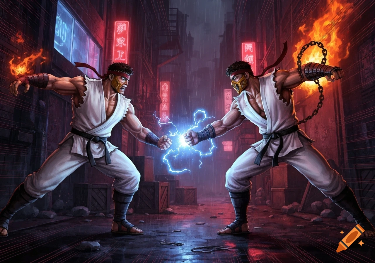 Two martial arts fighters in torn white gis with red headbands face each other, generating blue lightning in a dark, rainy cyberpunk street. One has fire and the other chains.