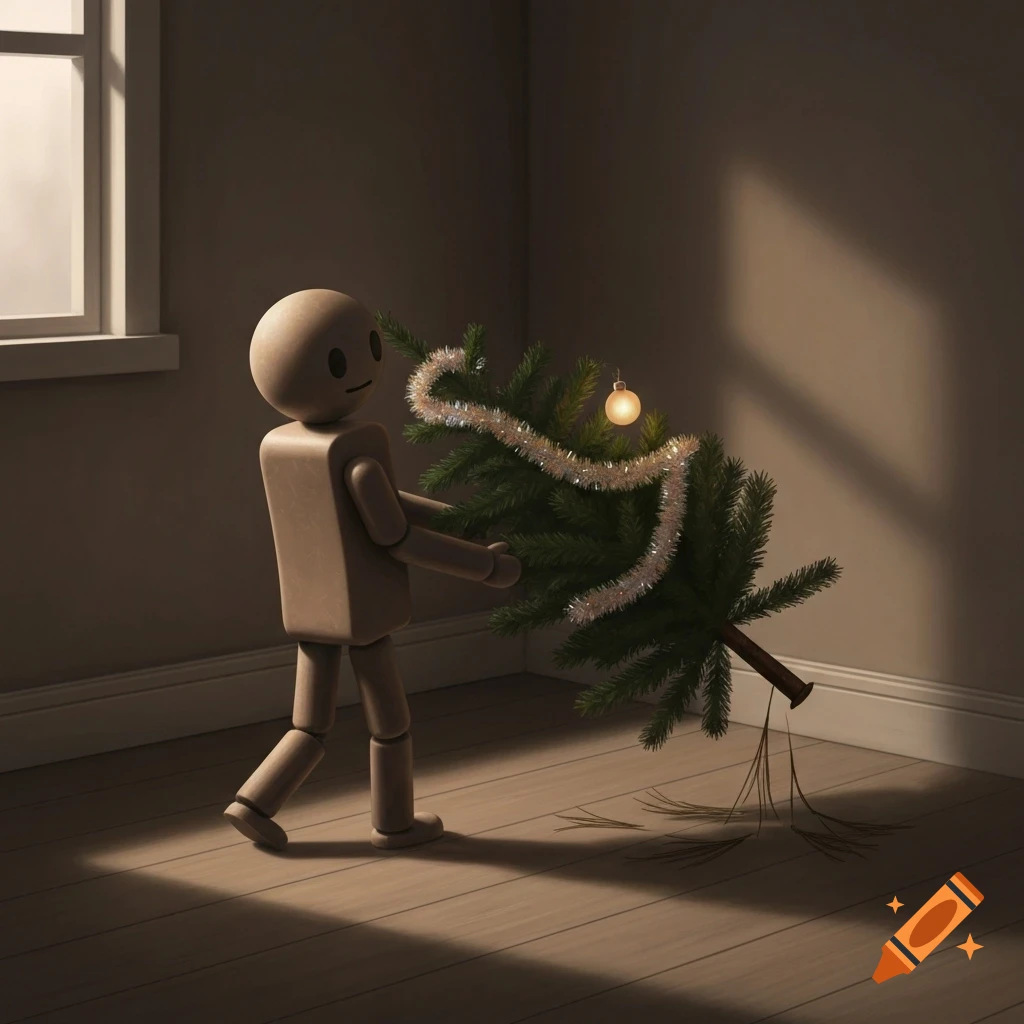A wooden figure carries a decorated Christmas tree with falling needles through a sunlit room, post-holidays.