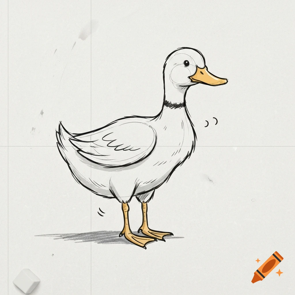 A cartoon drawing of a white duck with an orange beak and webbed feet, standing on a light background with grid lines and a small eraser in the corner, resembling a whiteboard sketch.