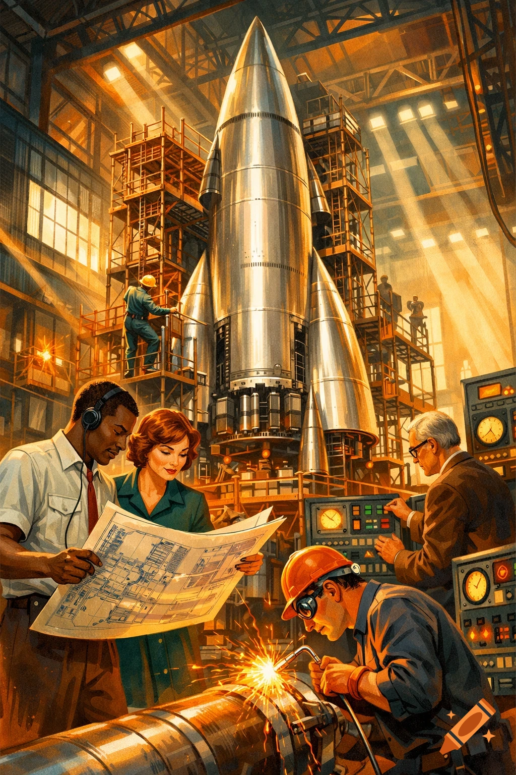A retro-futuristic illustration of a diverse team of engineers building a silver rocket in a hangar, with one welding and others examining blueprints and control panels.