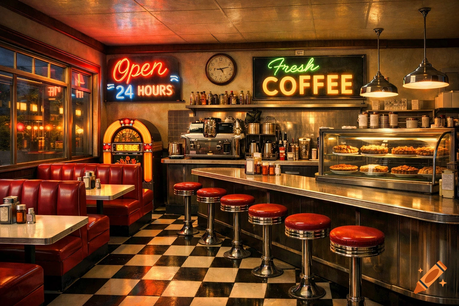 An interior shot of a vibrant, retro 1950s American diner with red leather booths, a checkered floor, a long counter with red stools, a jukebox, and neon signs saying "Open 24 Hours" and "Fresh Coffee".