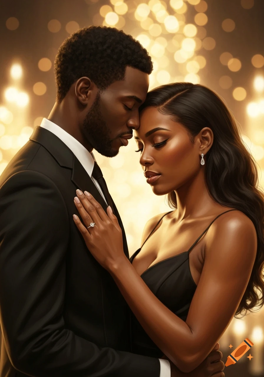 Photorealistic portrait of an elegant Black couple embracing, eyes closed, with a golden bokeh background.