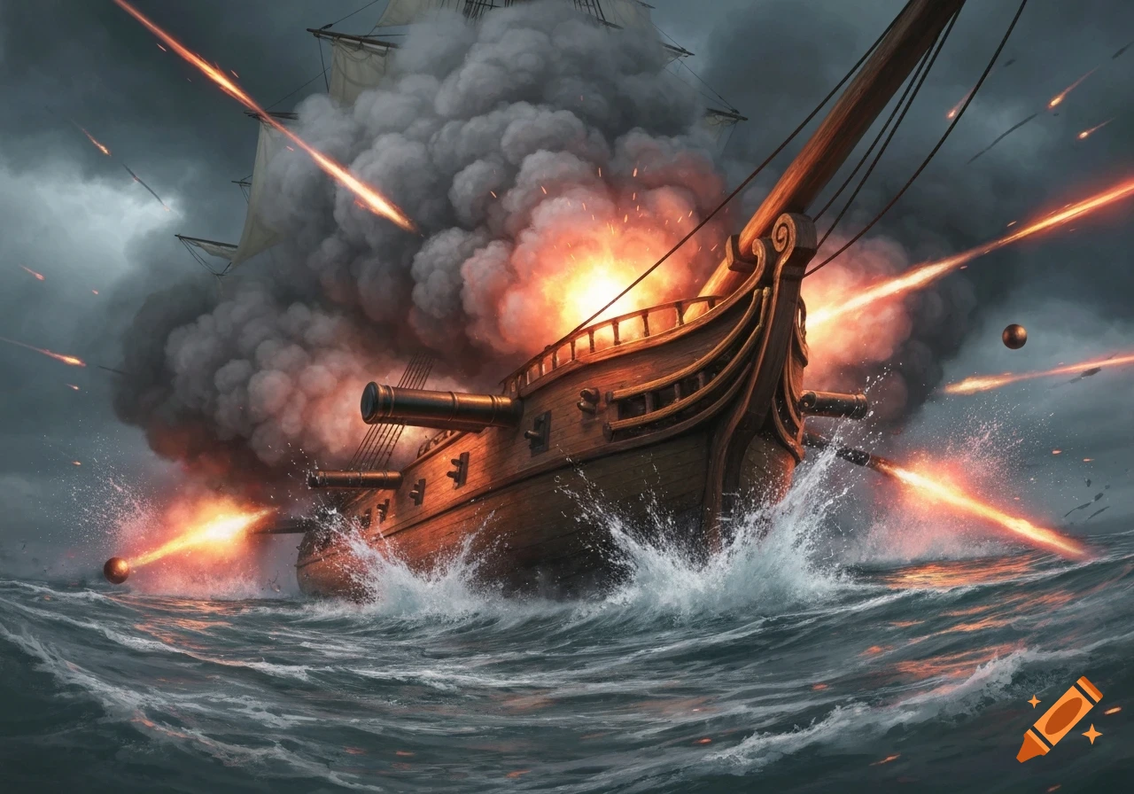 A wooden sailing ship with canons firing, engulfed in smoke and fire on a stormy sea. Digital painting.