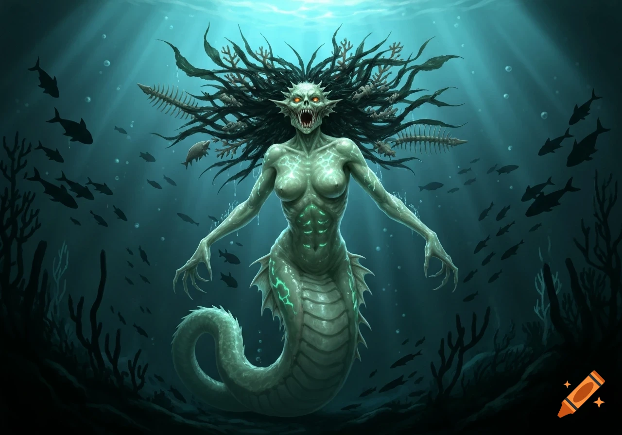 A monstrous, pale green siren with sharp teeth, glowing eyes, and long dark hair entangled with seaweed and fish bones, emerges from dark ocean depths.