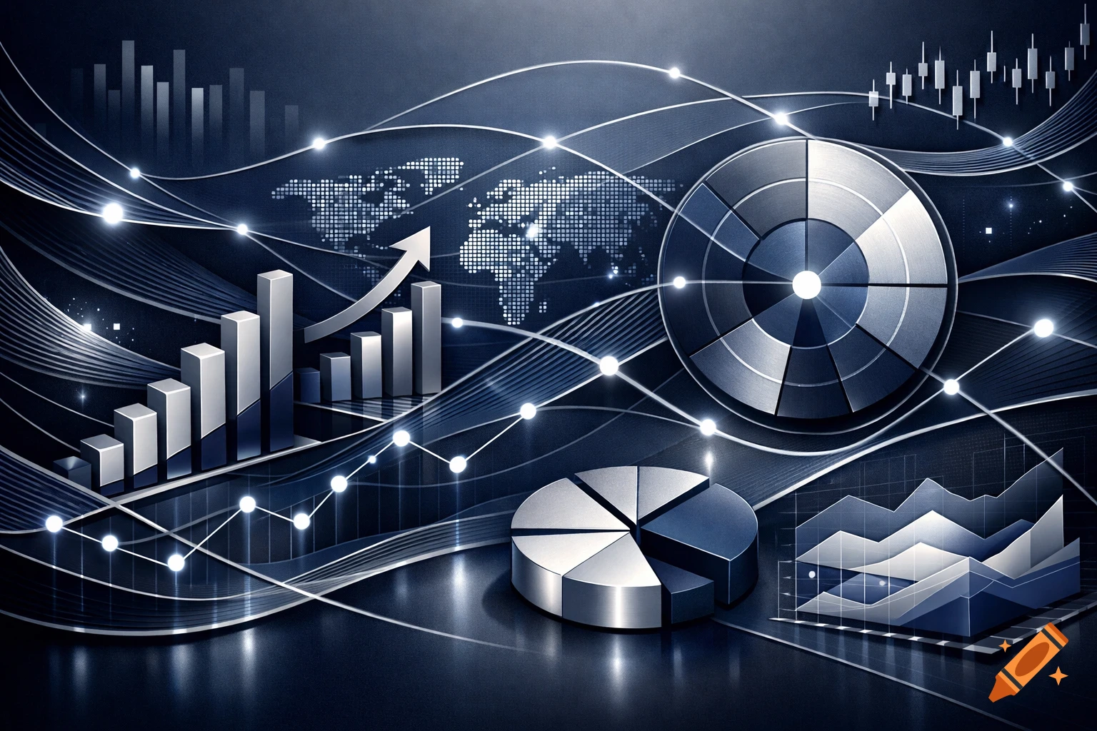 A futuristic dark blue and silver data visualization featuring bar charts, pie charts, line graphs, a world map, and an upward trending arrow.
