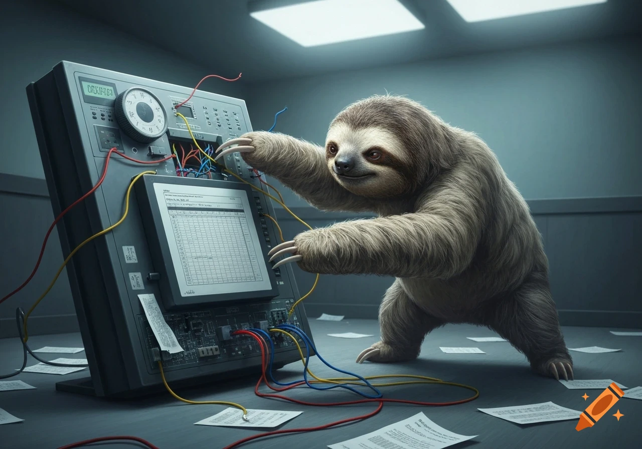 A photorealistic sloth with large claws works on dismantling a complex, wired gray machine with a screen, surrounded by scattered papers in a dark room.