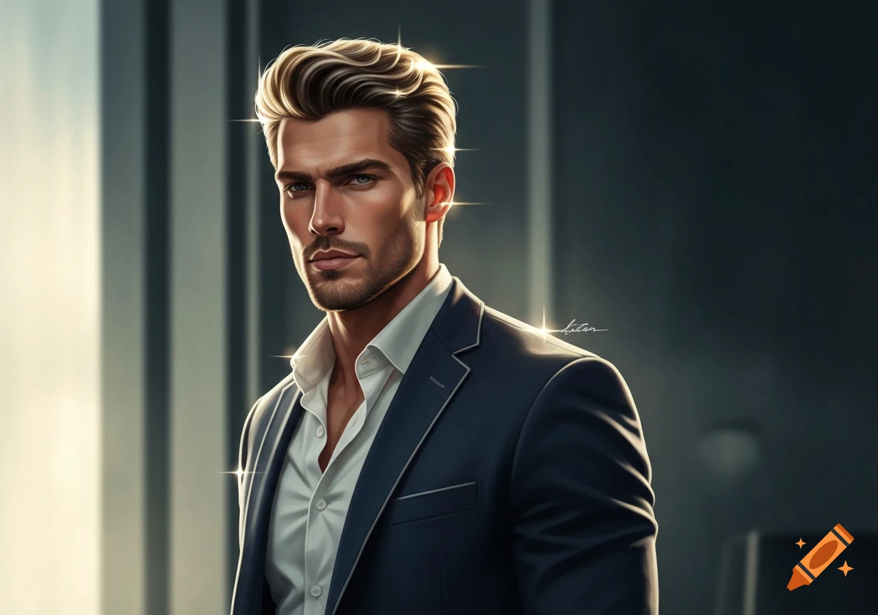 Stylized portrait of a handsome man with blond highlights, blue eyes, and a beard, wearing a dark suit and white shirt.