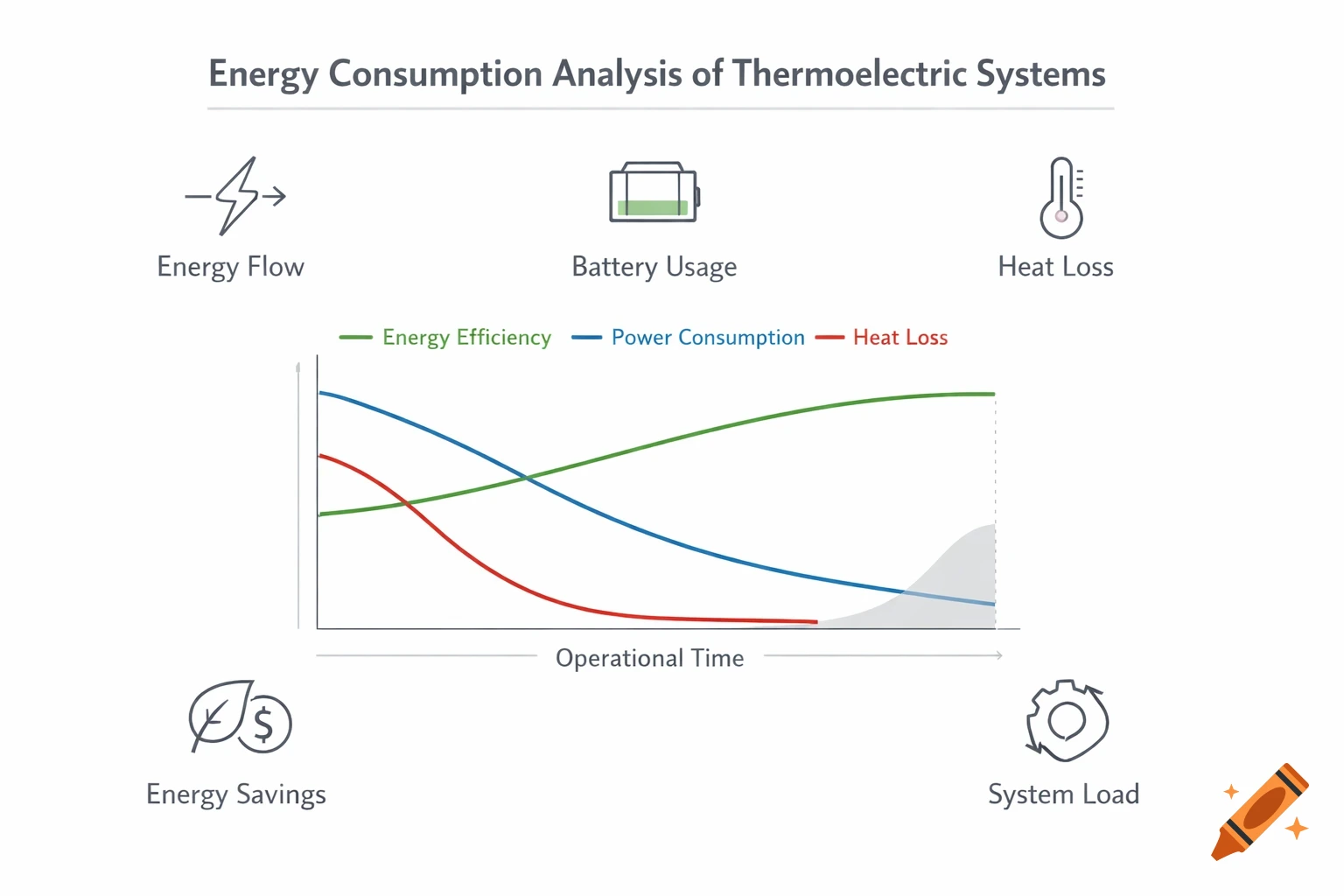 Infographic on energy consumption analysis of thermoelectric systems with icons and a line graph showing energy efficiency, power consumption, and heat loss.