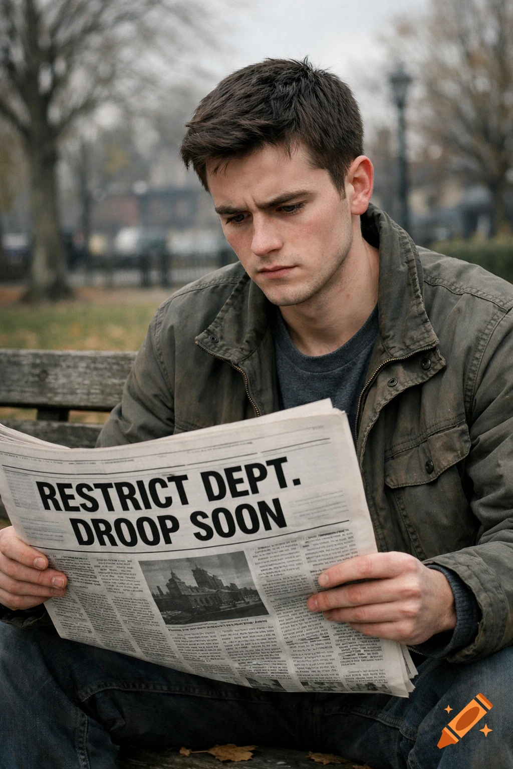 A young man sits on a park bench reading a newspaper with the headline 'RESTRICT DEPT. DROOP SOON' in a photorealistic style.