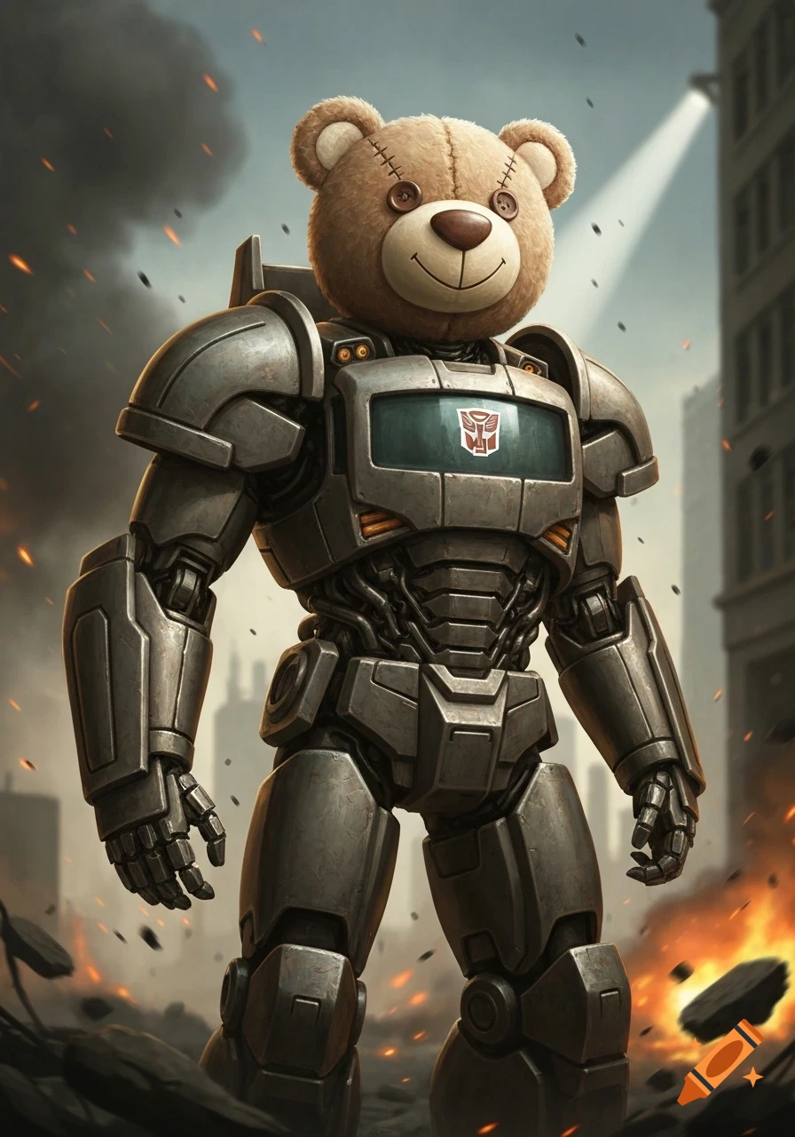 A metallic robot with a fluffy teddy bear head and an Autobot symbol on its chest stands in a ruined city with smoke and fire.