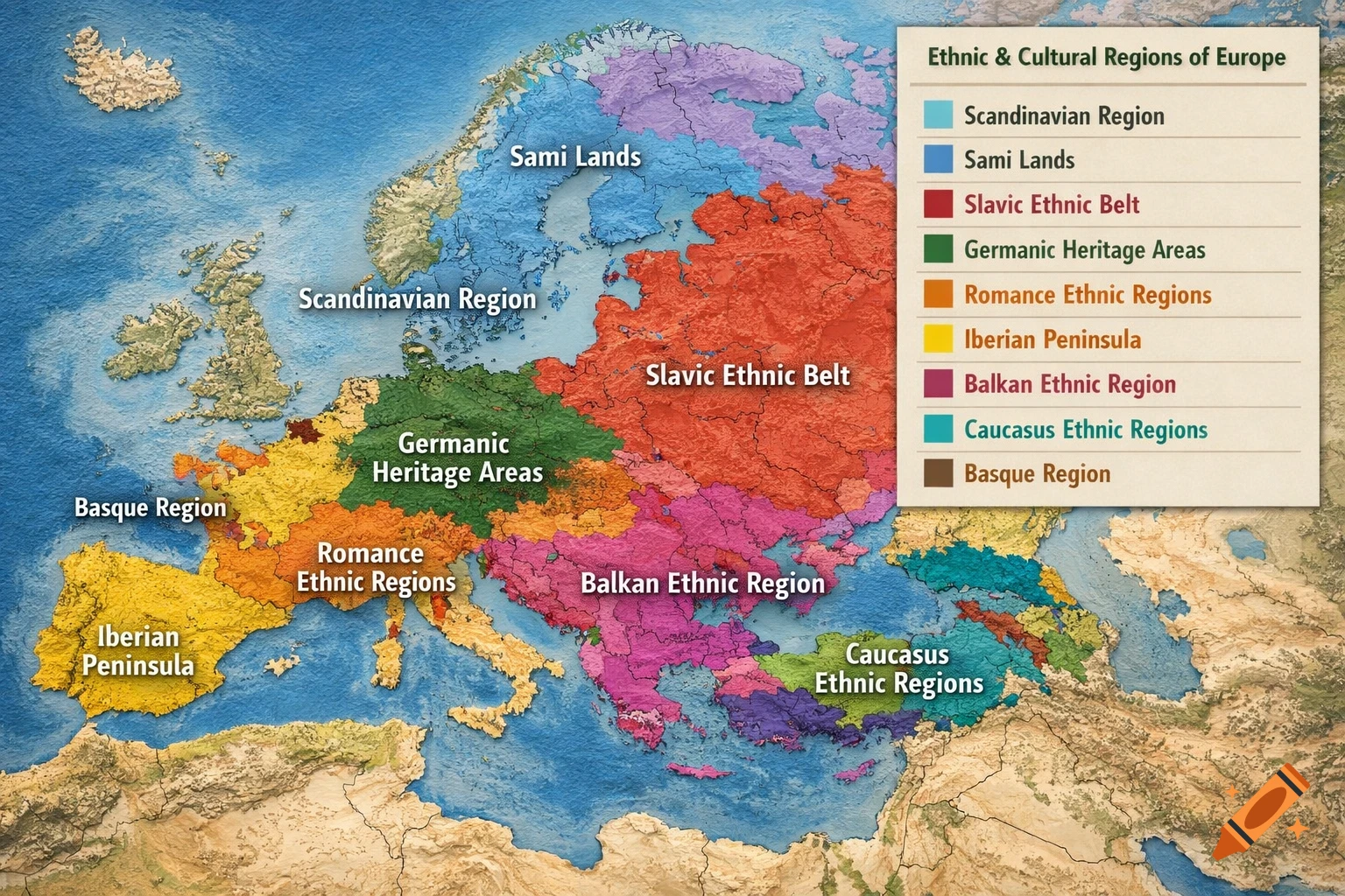 A detailed, color-coded map of Europe showing ethnic and cultural regions, with a legend.