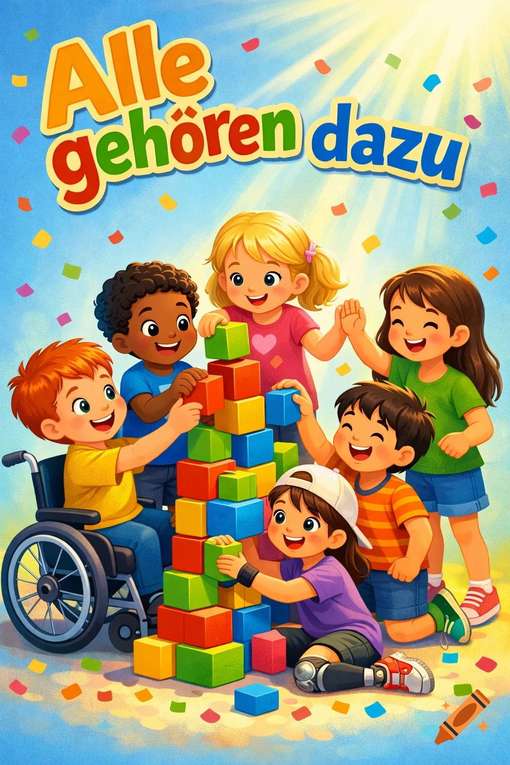 A diverse group of happy children, including one in a wheelchair, building a colorful block tower, under the title "Alle gehören dazu".