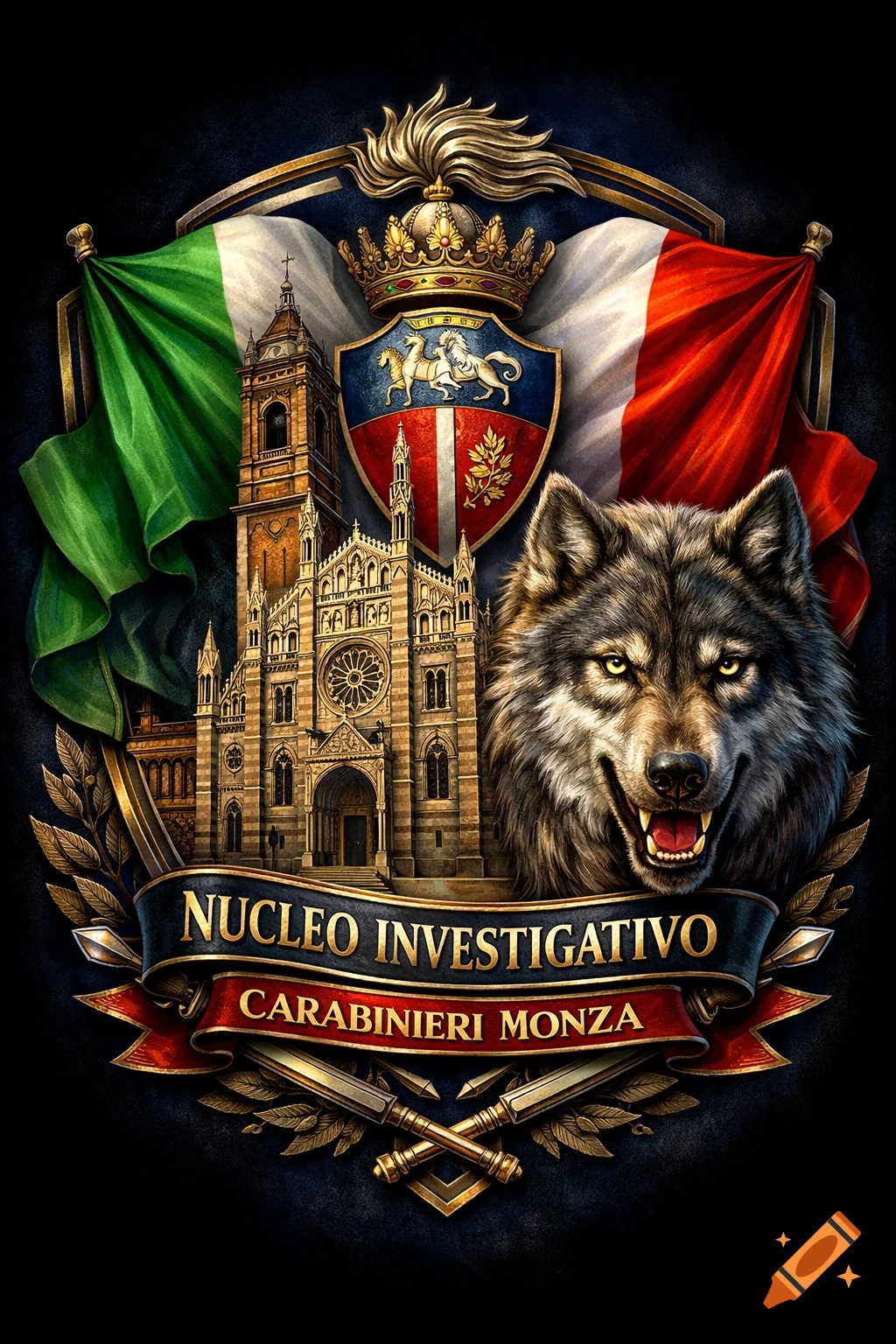 A detailed heraldic crest featuring an Italian flag, Monza Cathedral, a snarling wolf, and text 'Nucleo Investigativo Carabinieri Monza'.