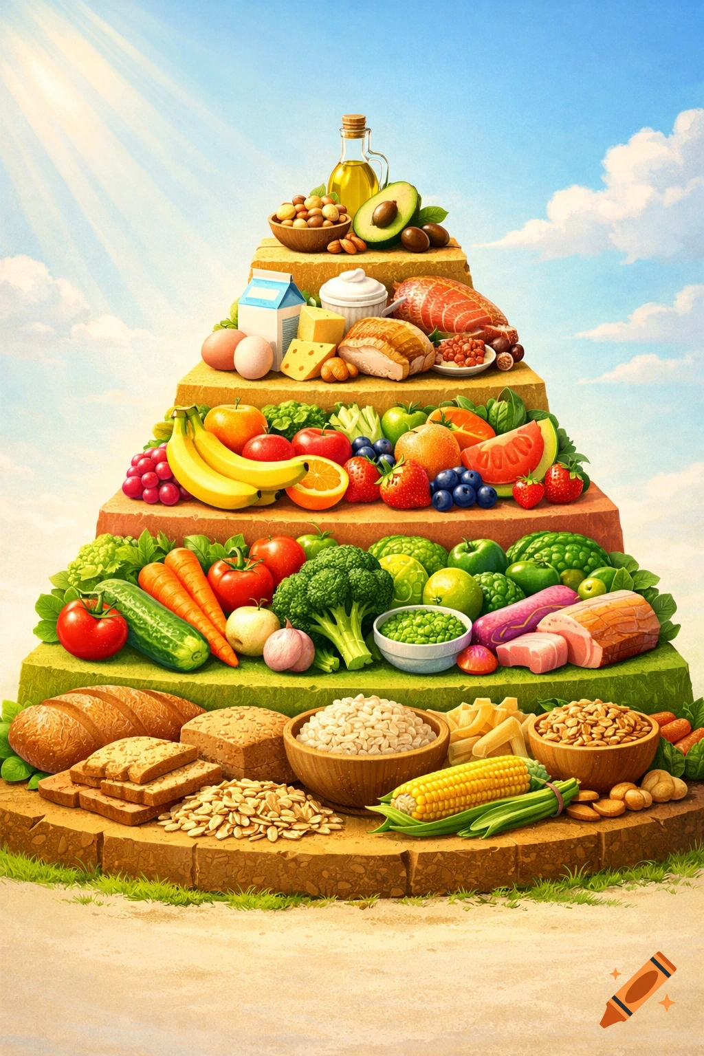 A vibrant illustration of a food pyramid showing different food groups like grains, fruits, vegetables, dairy, meat, and fats stacked on earthen steps under a blue sky.
