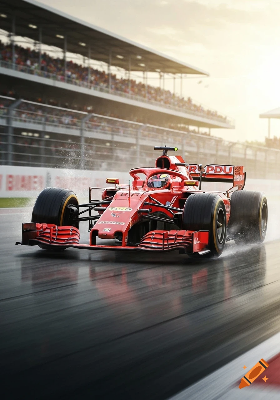 Photorealistic red Formula 1 car on a wet racetrack, kicking up spray, with crowds in the blurred background.