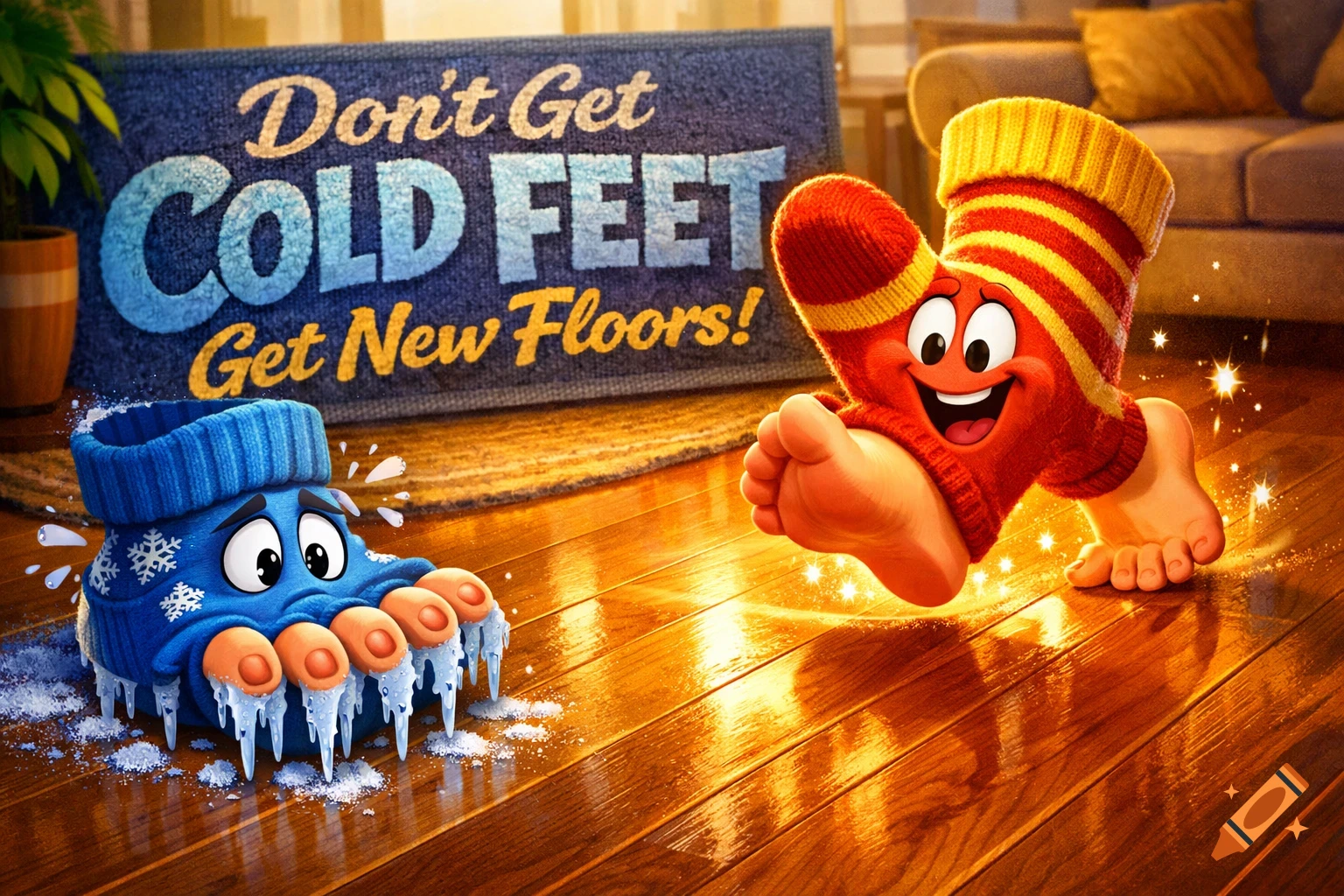 Happy red sock with bare feet walking on warm floor next to sad blue sock with icy feet; "Don't Get Cold Feet, Get New Floors!" slogan on mat.