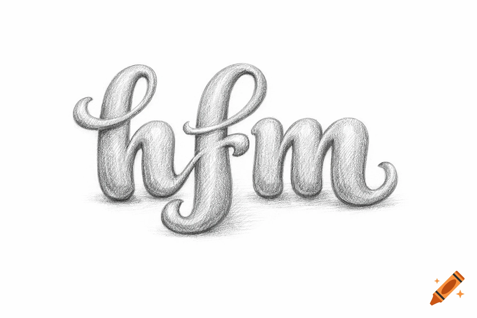 Pencil drawing of the letters 'hfm' in a fancy, bubbly, cursive style on a white background.
