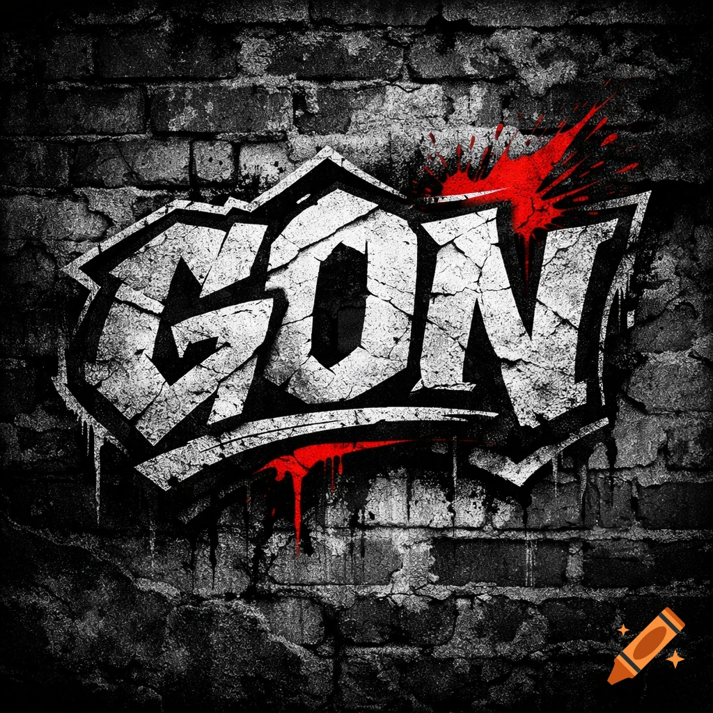Grungy 'GON' graffiti logo in white and black with red paint splatters and drips on a dark brick wall.
