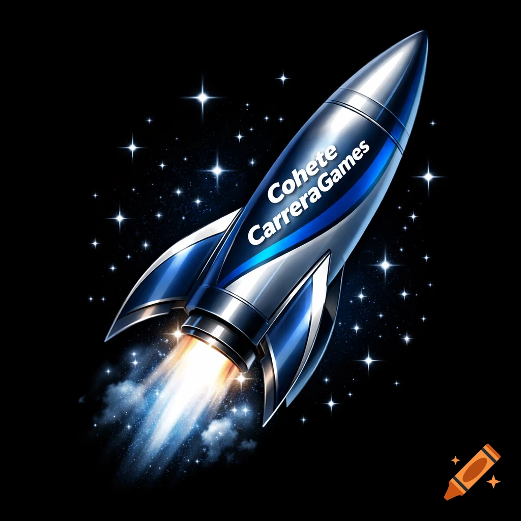A stylized silver and blue rocket with 'Cohete CarreraGames' on its side, launching upwards into a dark starry sky.