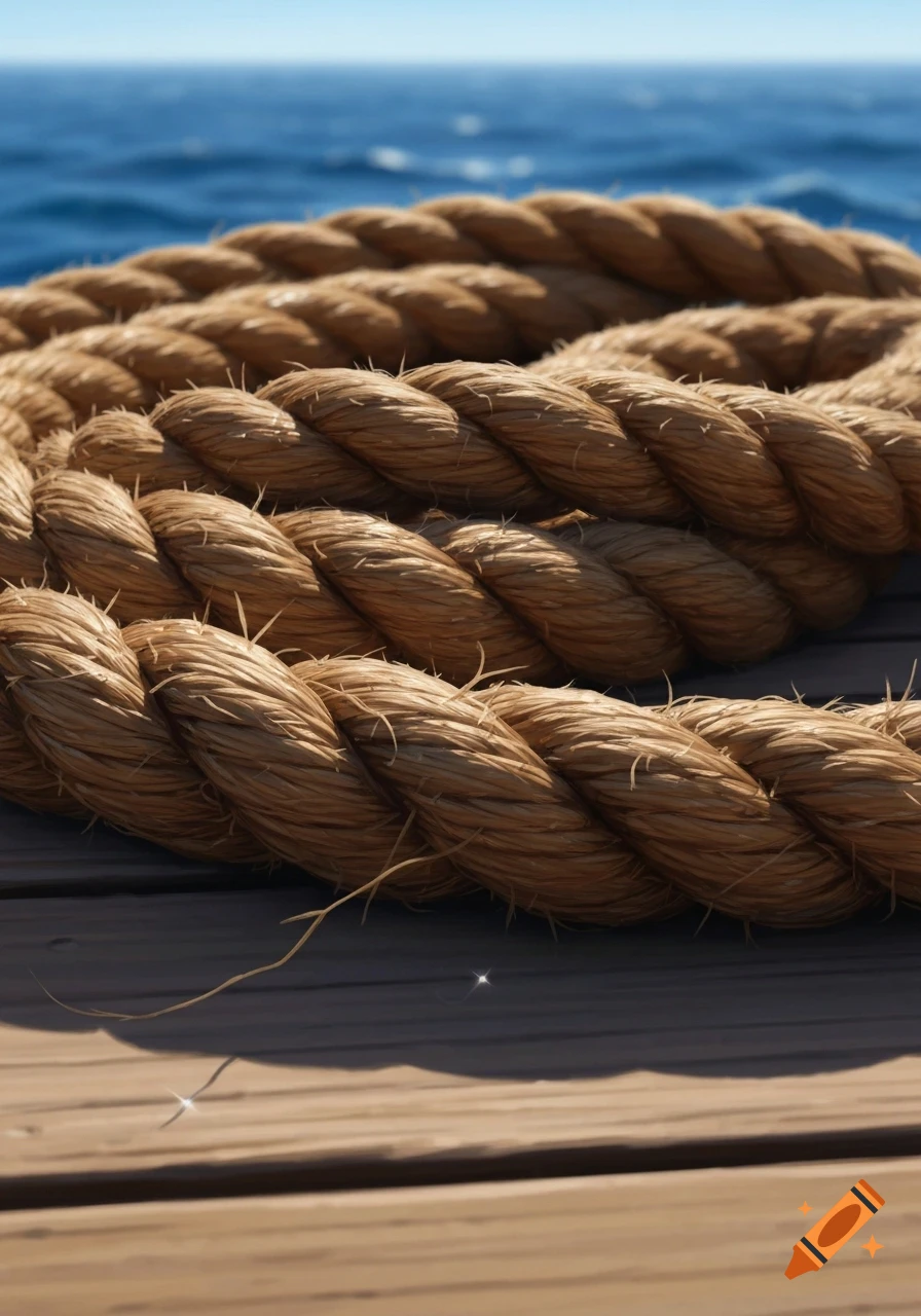 Photorealistic image of a thick, coiled rope resting on a wooden dock with the blue ocean in the background.