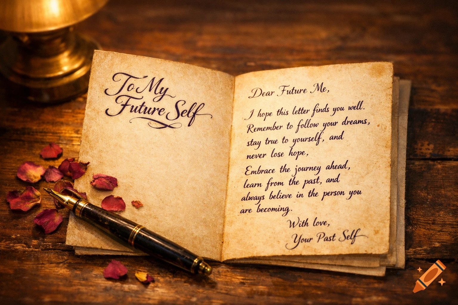 An open, aged letter titled 'To My Future Self' on a wooden desk, with a pen and rose petals, bathed in warm light.