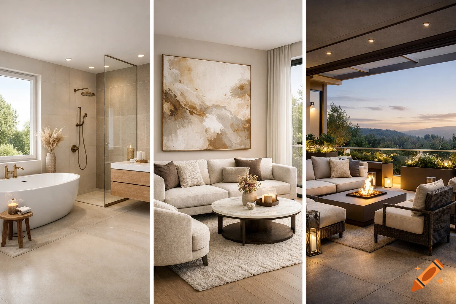 Three high-end real estate renderings: a modern bathroom, a chic living room, and an outdoor terrace with a fire pit at dusk.