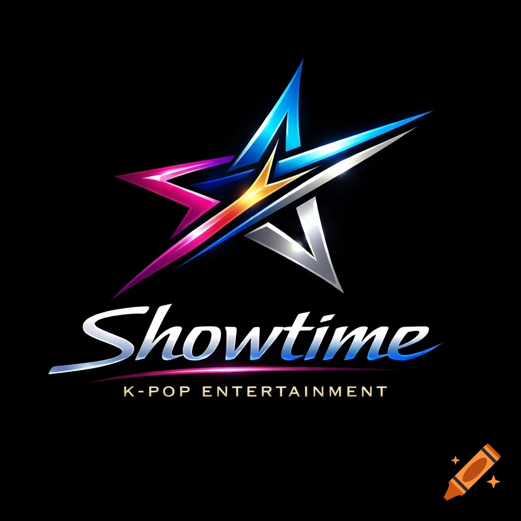 A colorful, metallic star logo with text "Showtime K-Pop Entertainment" on a black background.