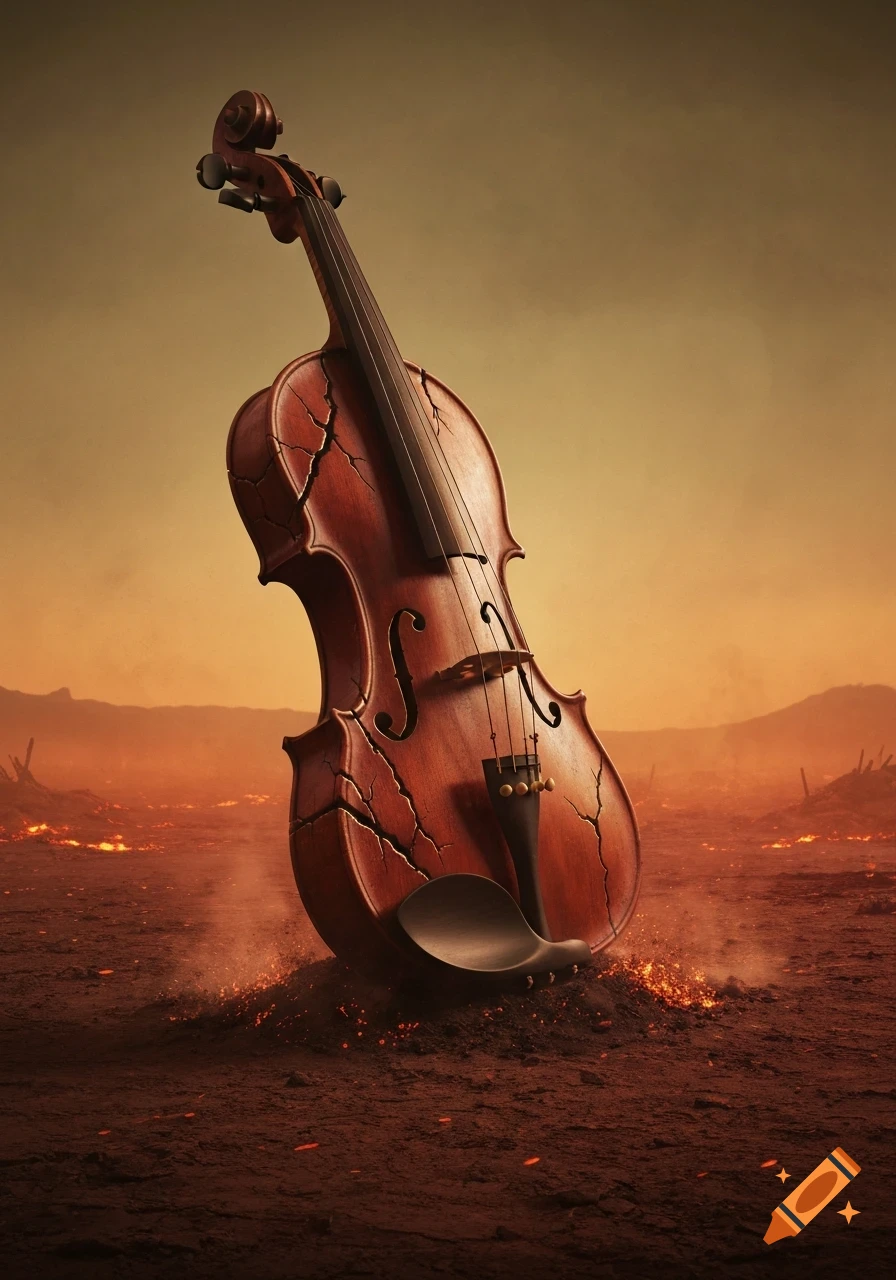 A large, cracked wooden violin stands upright in a fiery, desolate reddish-brown wasteland under an orange sky.