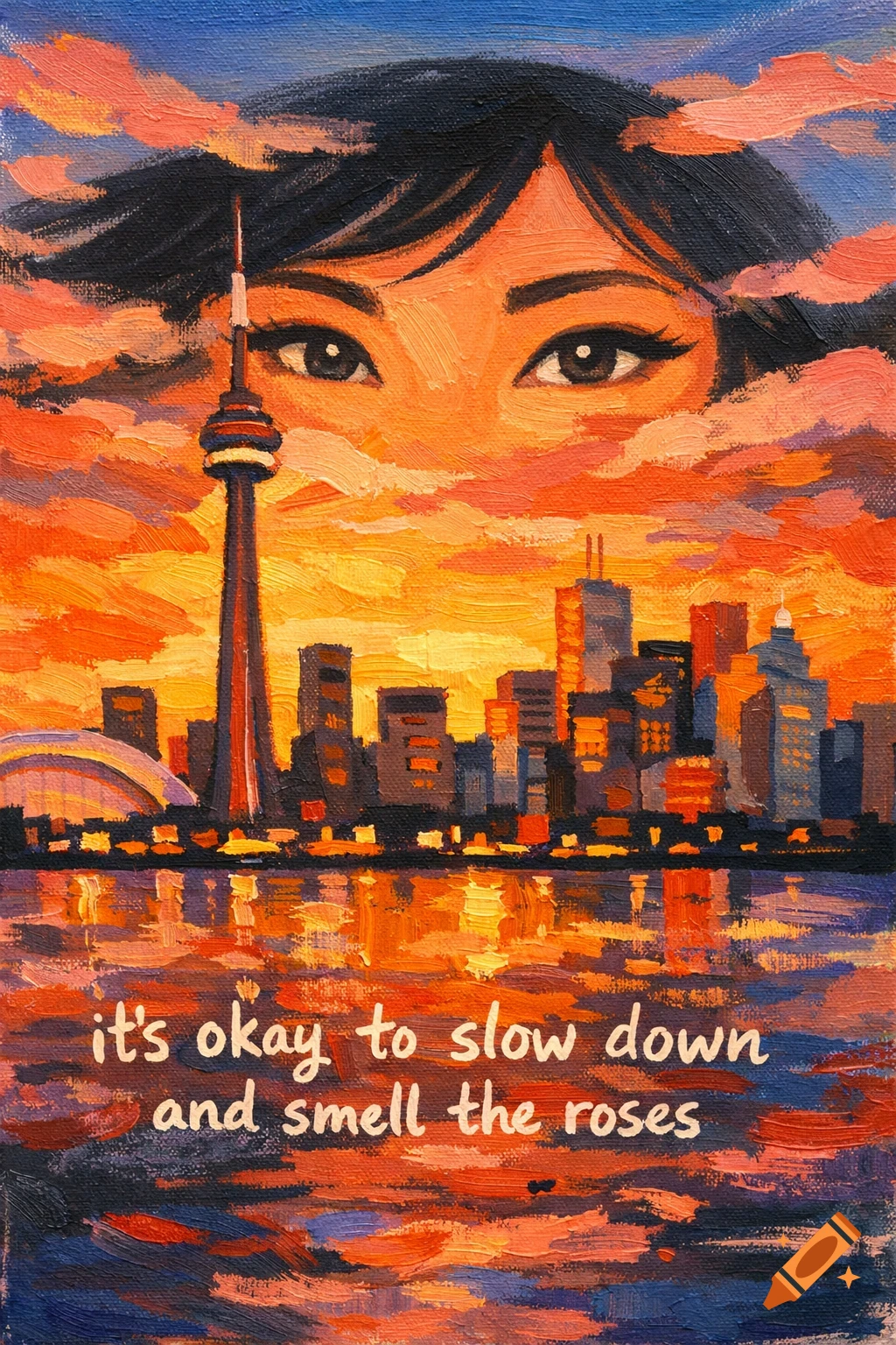 Acrylic painting of the Toronto skyline at sunset, with a woman's eyes in the fiery sky, and the text 'it our s okay to slow down and smell the roses'.