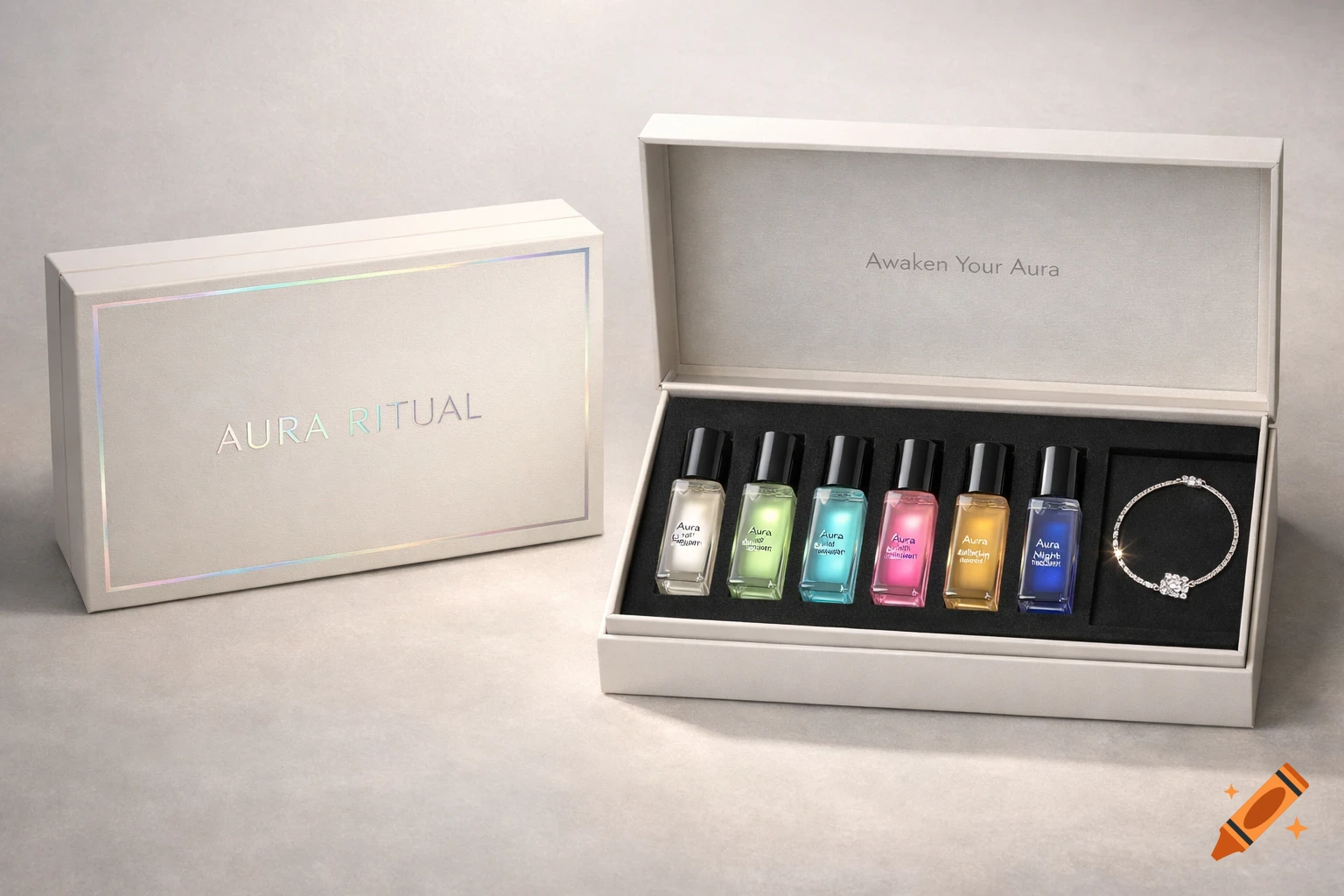 A white gift box set, one closed and one open. The open box contains six colorful perfume bottles and a diamond bracelet. The box is labeled "AURA RITUAL" and "Awaken Your Aura" inside.