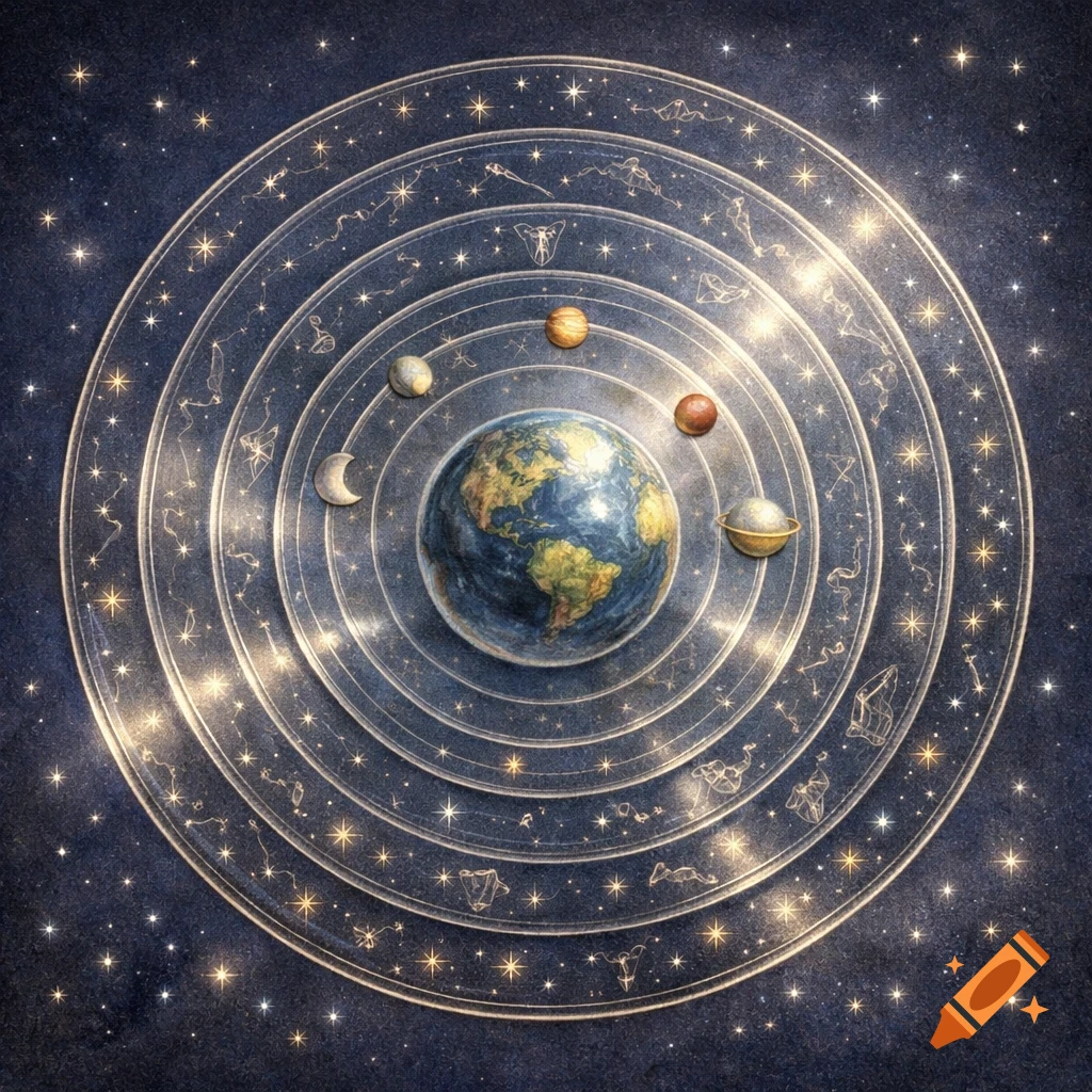 Detailed illustration of a geocentric model with Earth at the center, surrounded by the Moon and other planets within concentric rings with starry symbols.