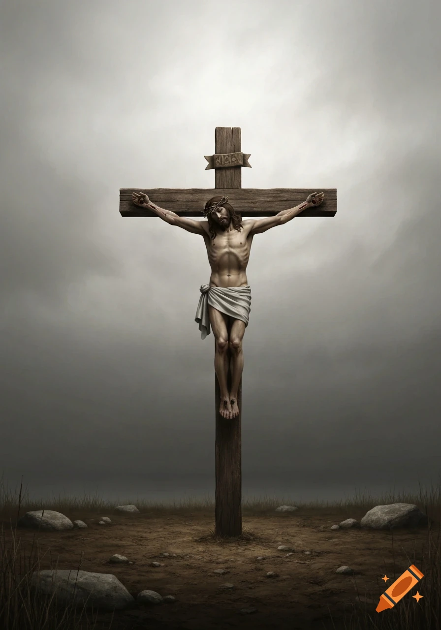 Realistic painting of Jesus on a wooden cross under a cloudy sky, with barren ground and rocks.