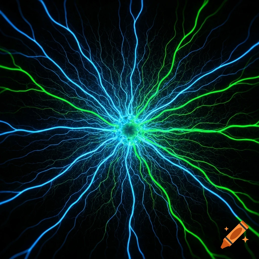 Abstract glowing blue and green tendrils or electrical impulses radiating from a central point on a black background.