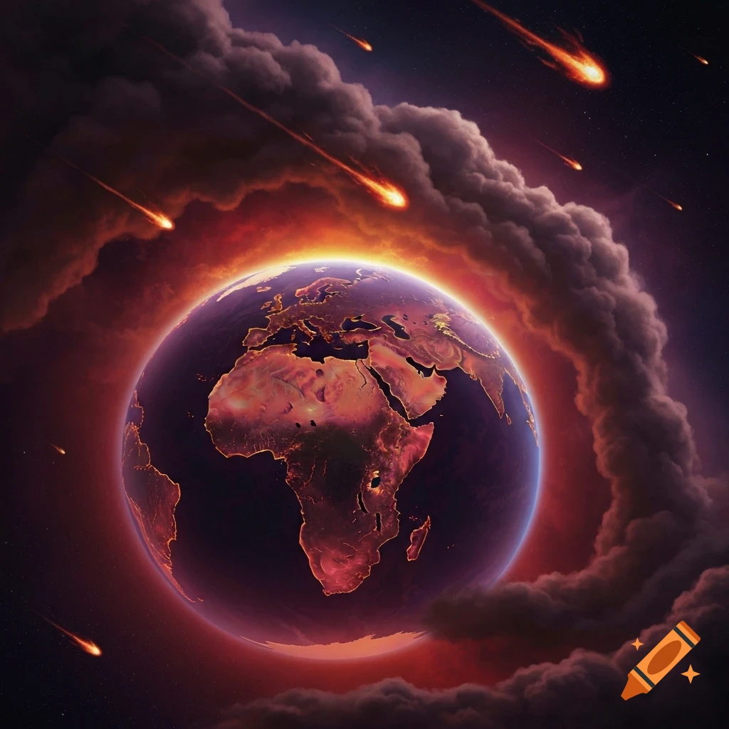 Earth engulfed in fire and smoke with meteors falling from a dark, starry sky.