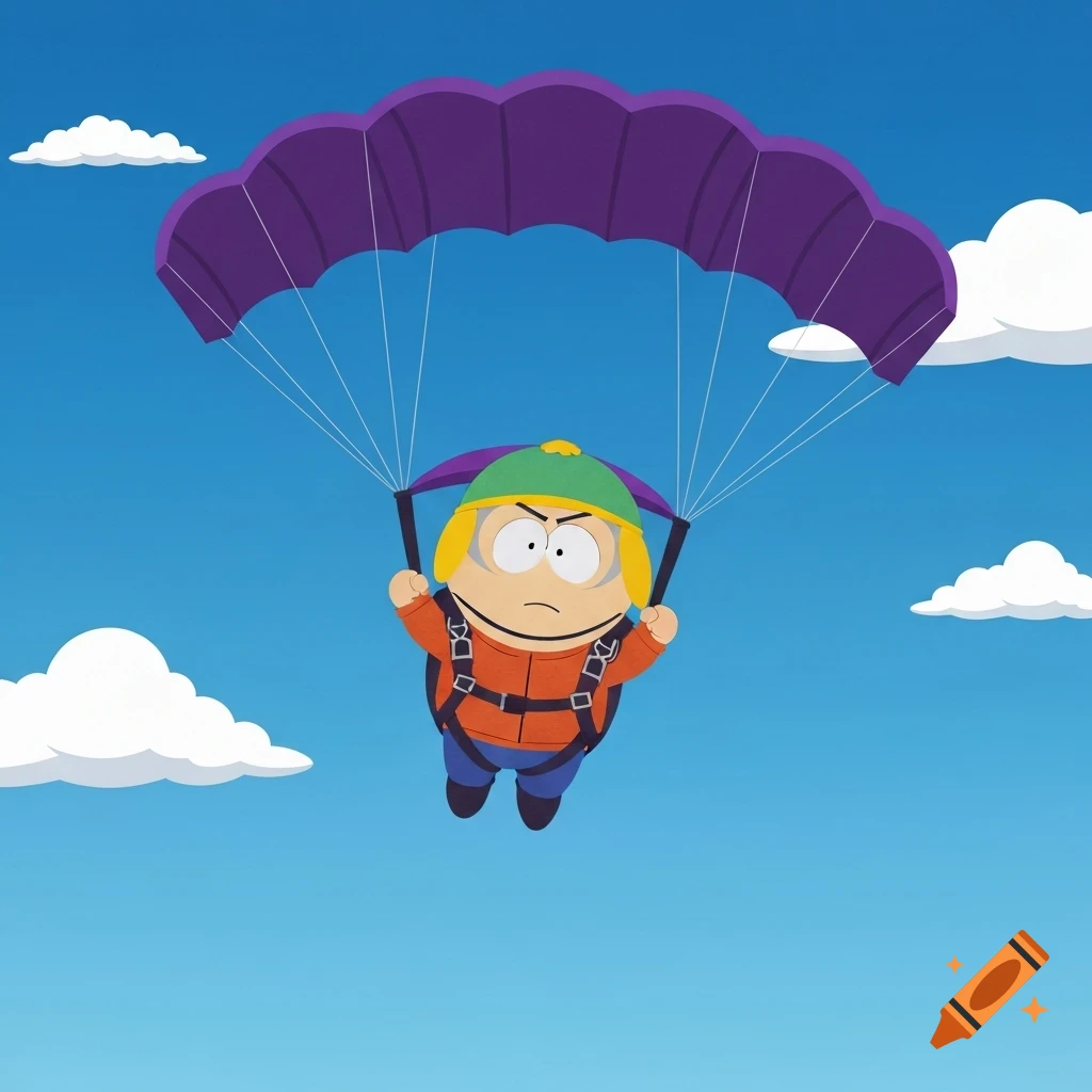 Butters Stotch from South Park parachuting with a purple parachute against a bright blue sky with clouds.