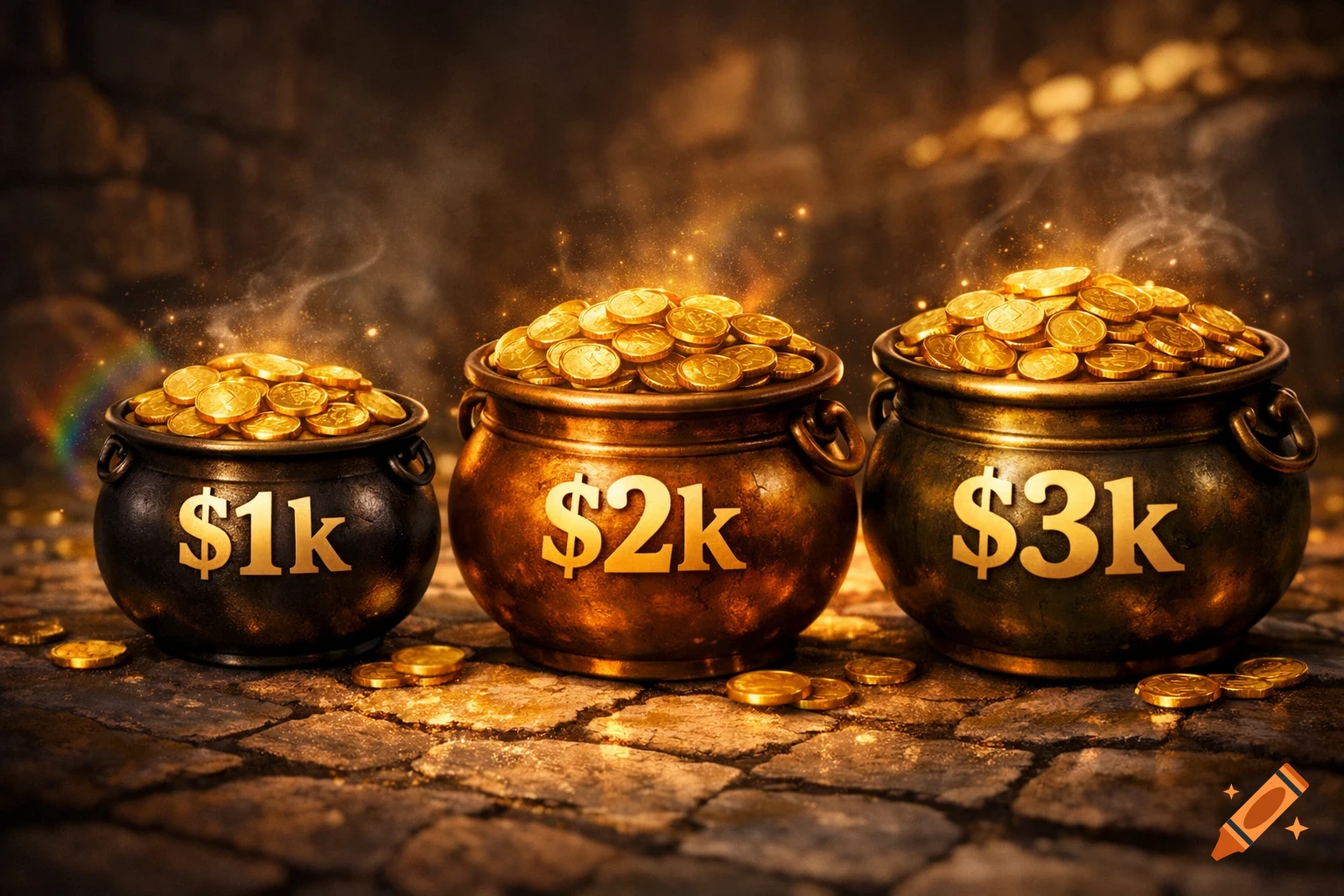 Three ornate pots brimming with gold coins, labeled $1k, $2k, and $3k, on a stone ground with a glowing, mystical atmosphere.