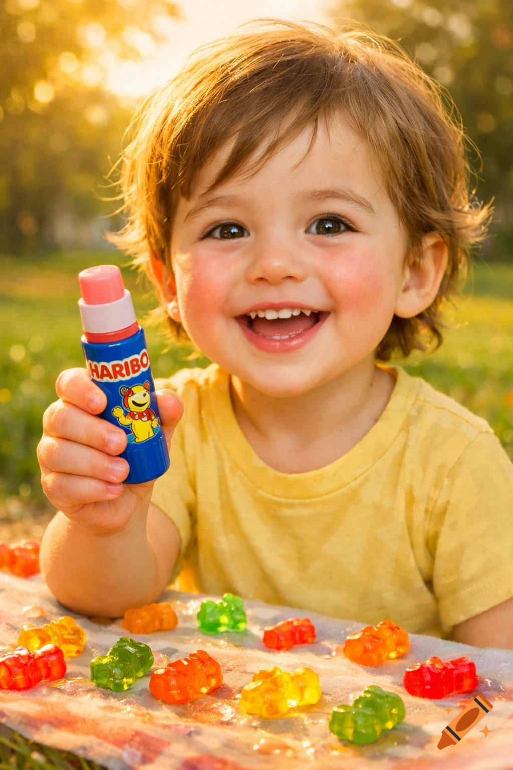 Smiling child holds a blue HARIBO tube, with colorful gummy bears scattered on a blanket in warm sunlight.