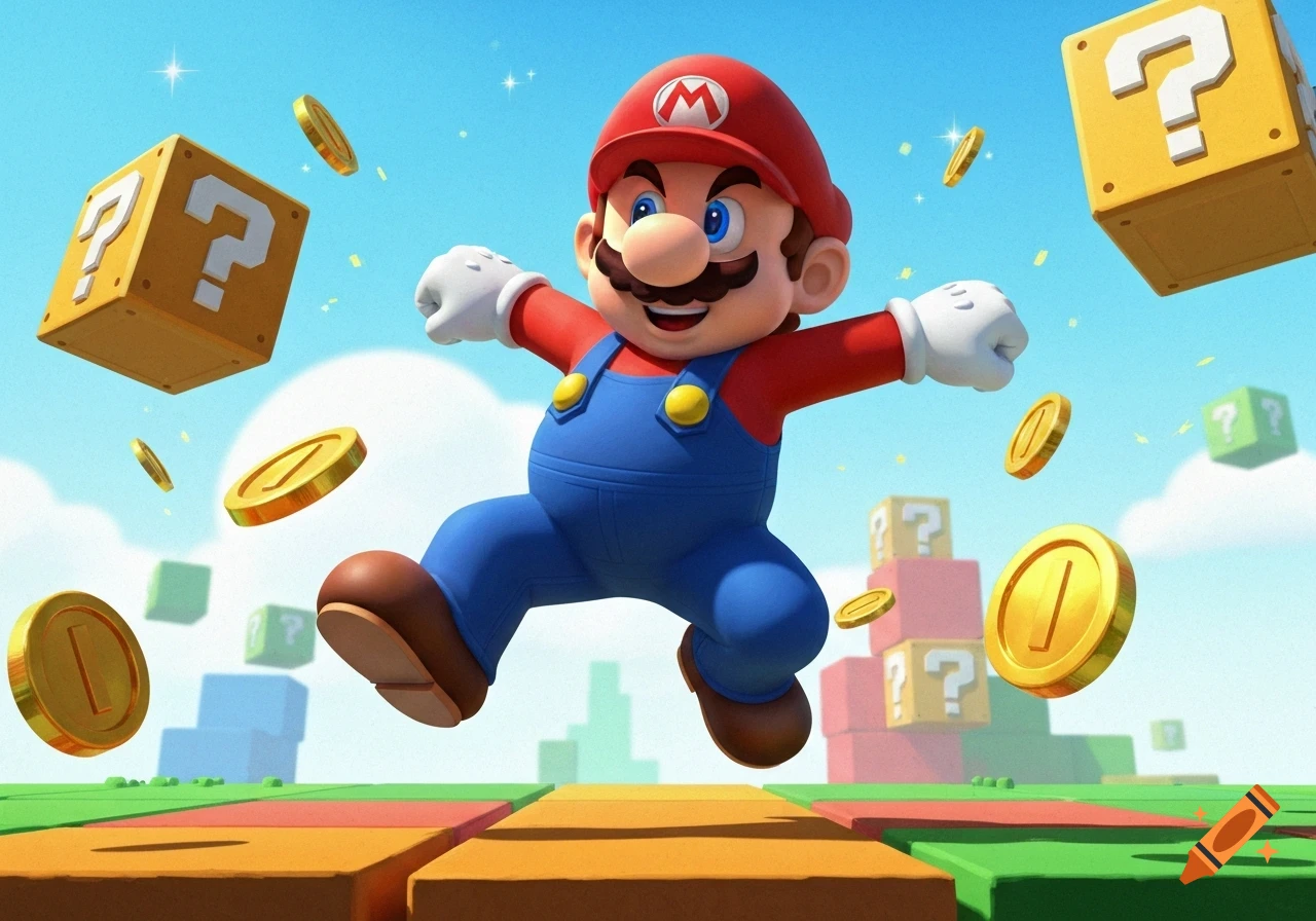 Mario jumps with arms outstretched amidst gold coins and question mark blocks in a vibrant, stylized video game landscape.