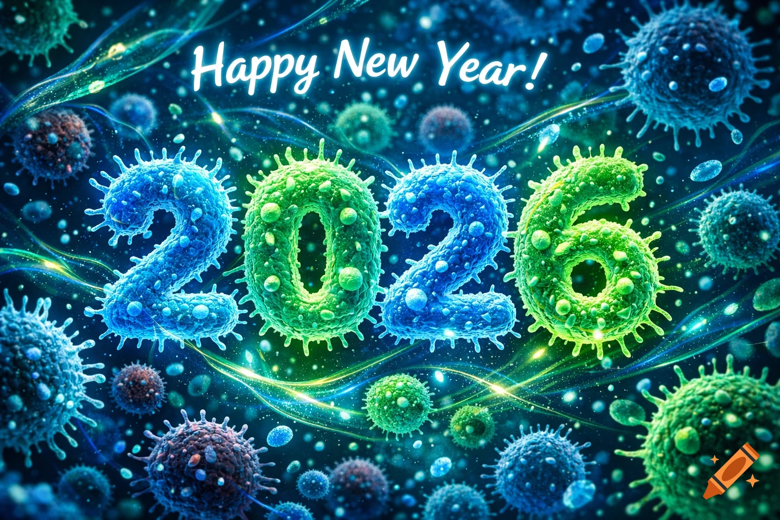 Happy New Year! 2026 made of blue and green virus-like cells in a microscopic setting.