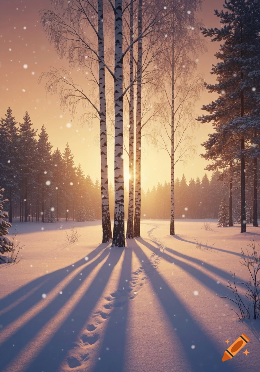A path winds through a snowy forest with birch and pine trees at sunset. Long shadows stretch across the snow as snowflakes fall.