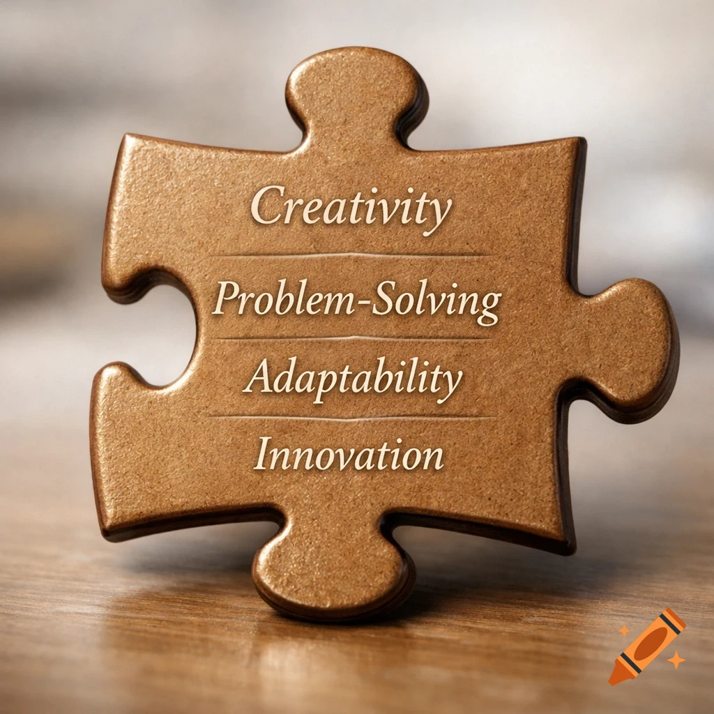 A bronze-colored jigsaw puzzle piece with the words Creativity, Problem-Solving, Adaptability, and Innovation inscribed on it, resting on a wooden surface.