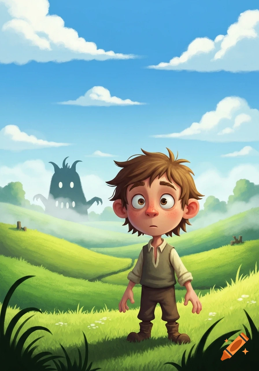 A cartoon boy with a worried expression stands in a green, hilly landscape, looking at a large, misty, dark monster silhouette in the background.
