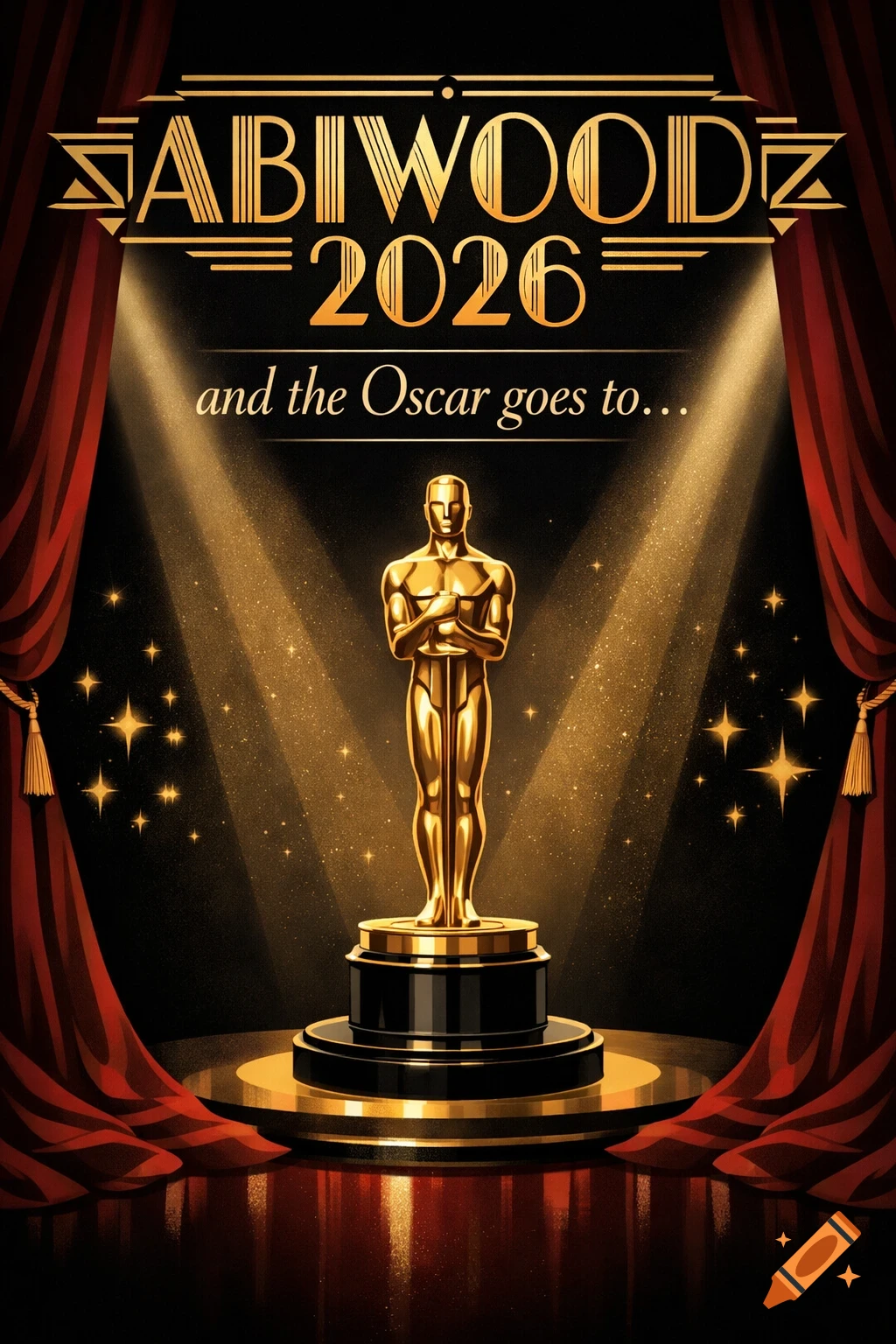 A golden Oscar-like trophy on a spotlighted stage with red curtains, featuring the text 'ABIWOOD 2026 and the Oscar goes to...'